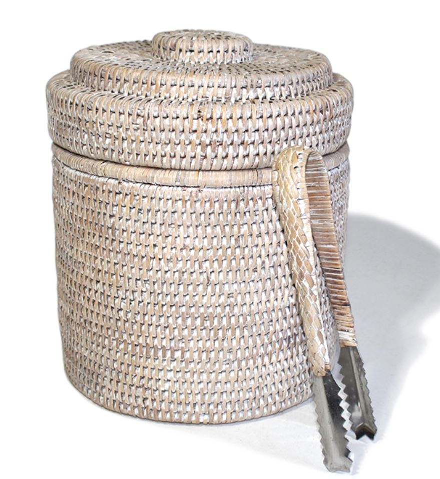 White Wash Rattan Ice Bucket with Tongs